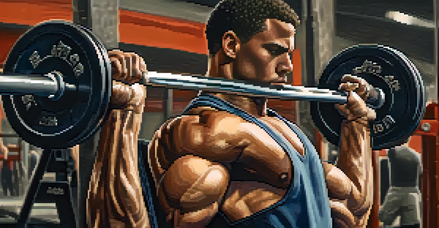 Close-up of a powerlifter's hands gripping a barbell with wrist straps during a bench press lift.