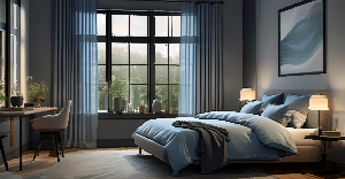 A peaceful bedroom with blackout curtains and soft blue decor, creating a restful environment for sleep.
