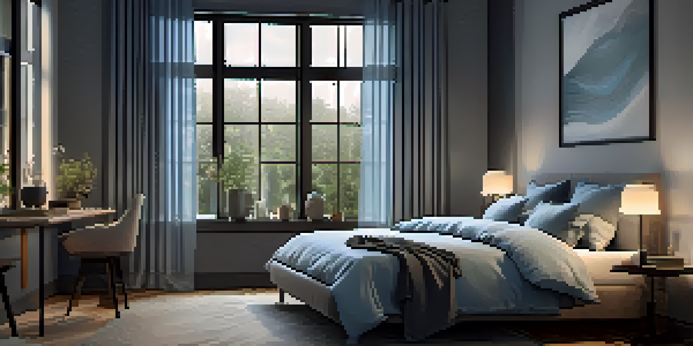 A peaceful bedroom with blackout curtains and soft blue decor, creating a restful environment for sleep.
