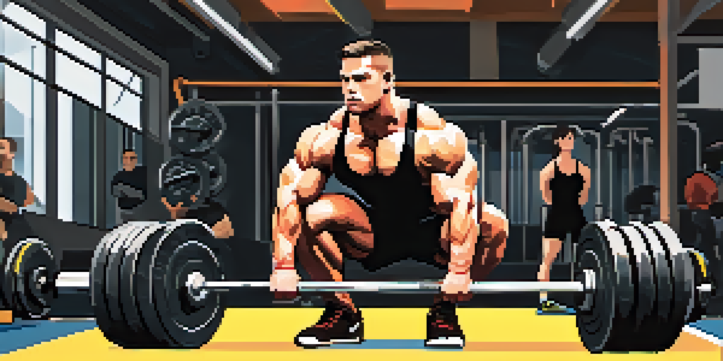 A powerlifter performing a deadlift in a gym, showing determination and strength, with gym equipment and motivational posters in the background.