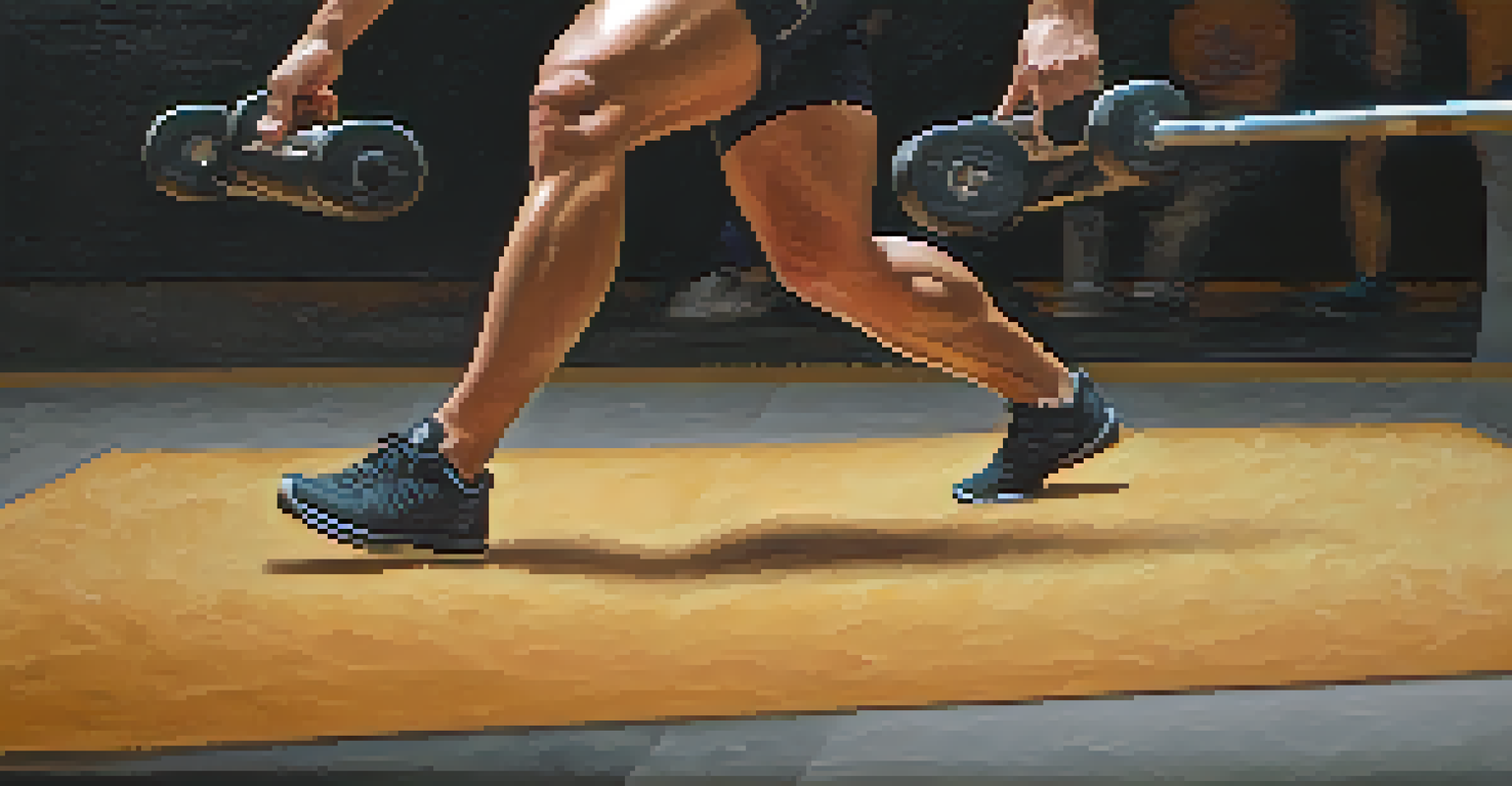 A close-up view of a powerlifter's feet during walking lunges on a textured gym mat, showcasing the athlete's focus and technique.