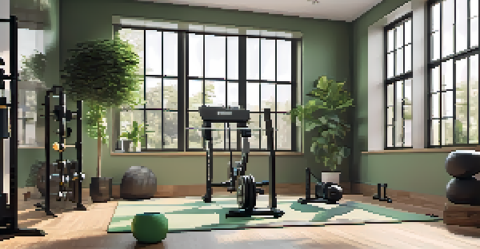 A home gym corner with a powerlifting barbell, weights, and a yoga mat, illuminated by natural light from a window.