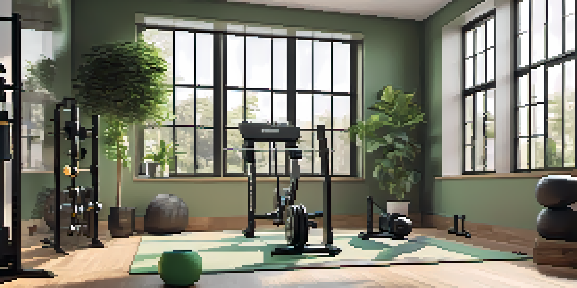 A home gym corner with a powerlifting barbell, weights, and a yoga mat, illuminated by natural light from a window.