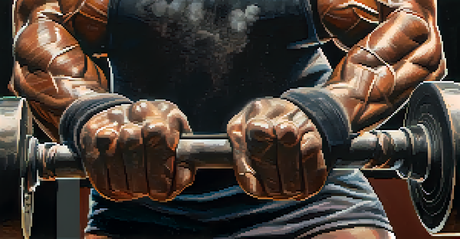 A close-up of a powerlifter's hands gripping a barbell, with chalk dust and a blurred background.