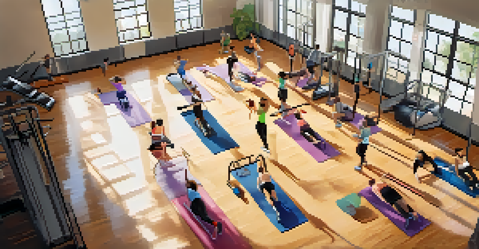 An overhead view of people doing mobility drills in a gym, highlighting diverse individuals engaged in stretching and squats on exercise mats.