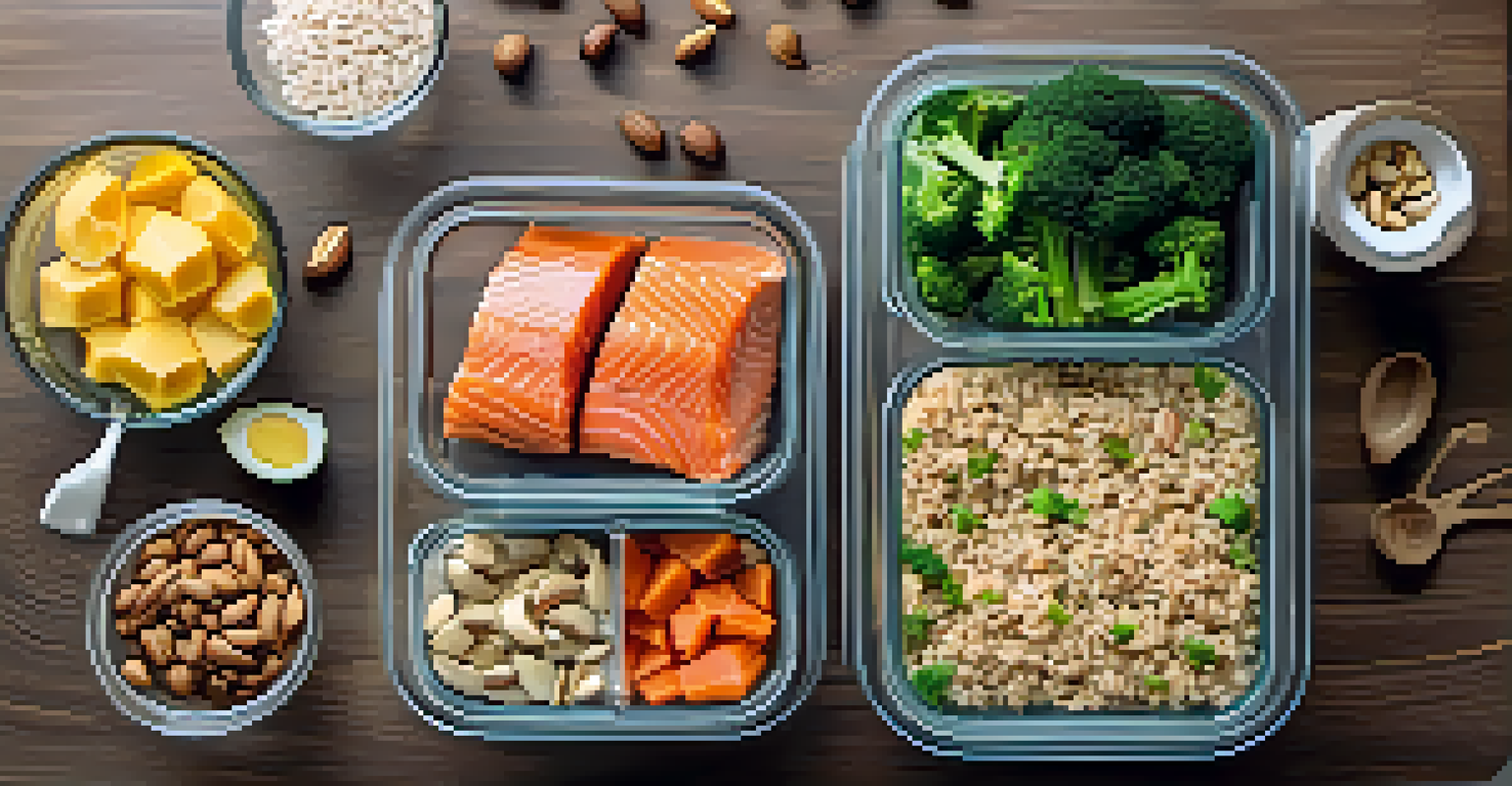 An overhead view of meal prep containers filled with rice, broccoli, salmon, and nuts on a kitchen countertop, surrounded by fresh ingredients.