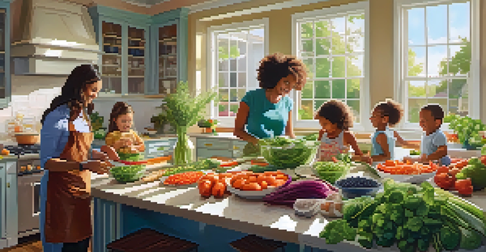 A family happily preparing meals together in a bright kitchen, with colorful ingredients spread out on the countertop.