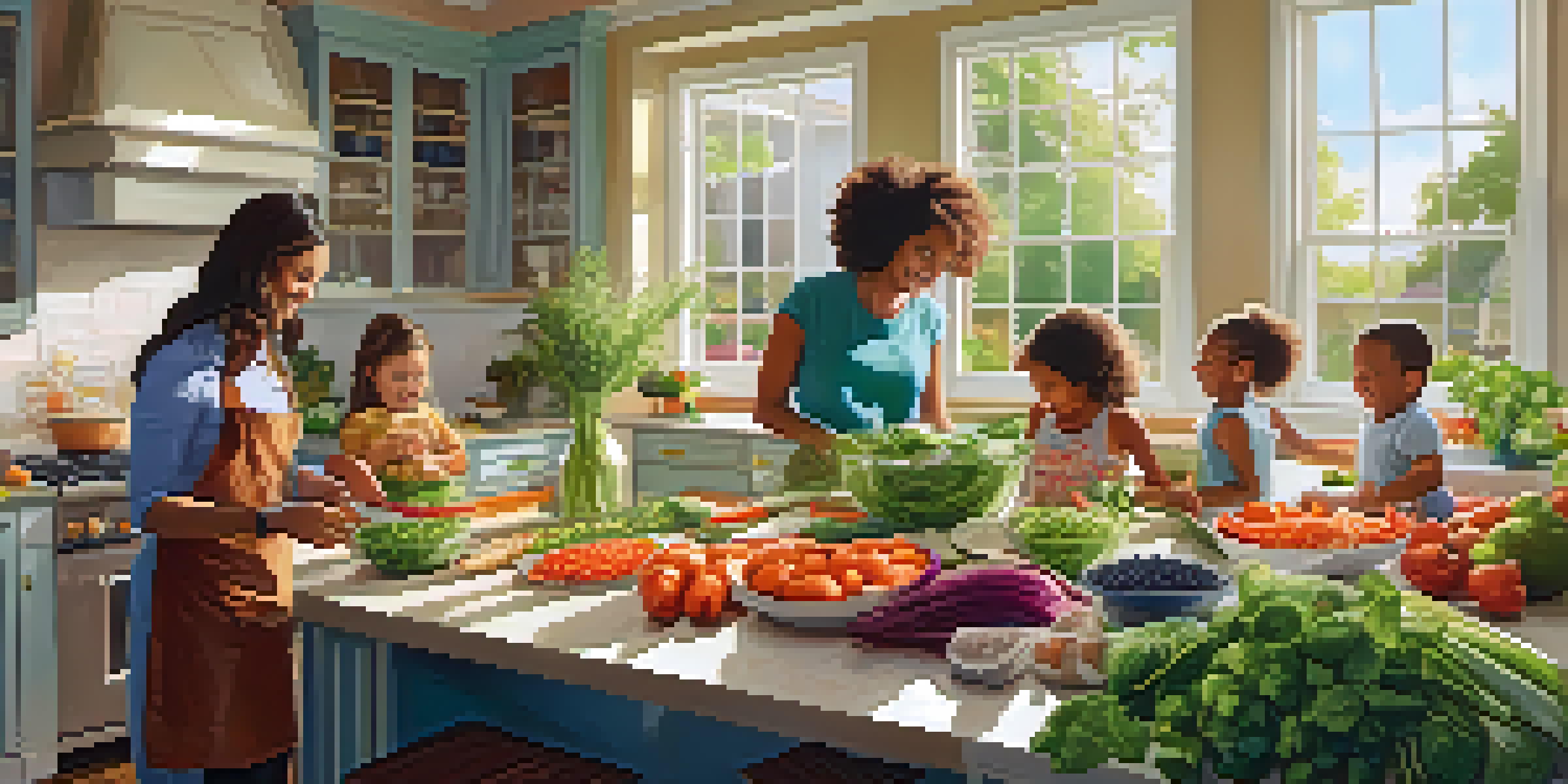 A family happily preparing meals together in a bright kitchen, with colorful ingredients spread out on the countertop.