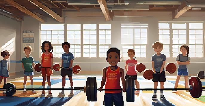 A diverse group of young athletes training in a bright gym, lifting weights with the guidance of a coach.