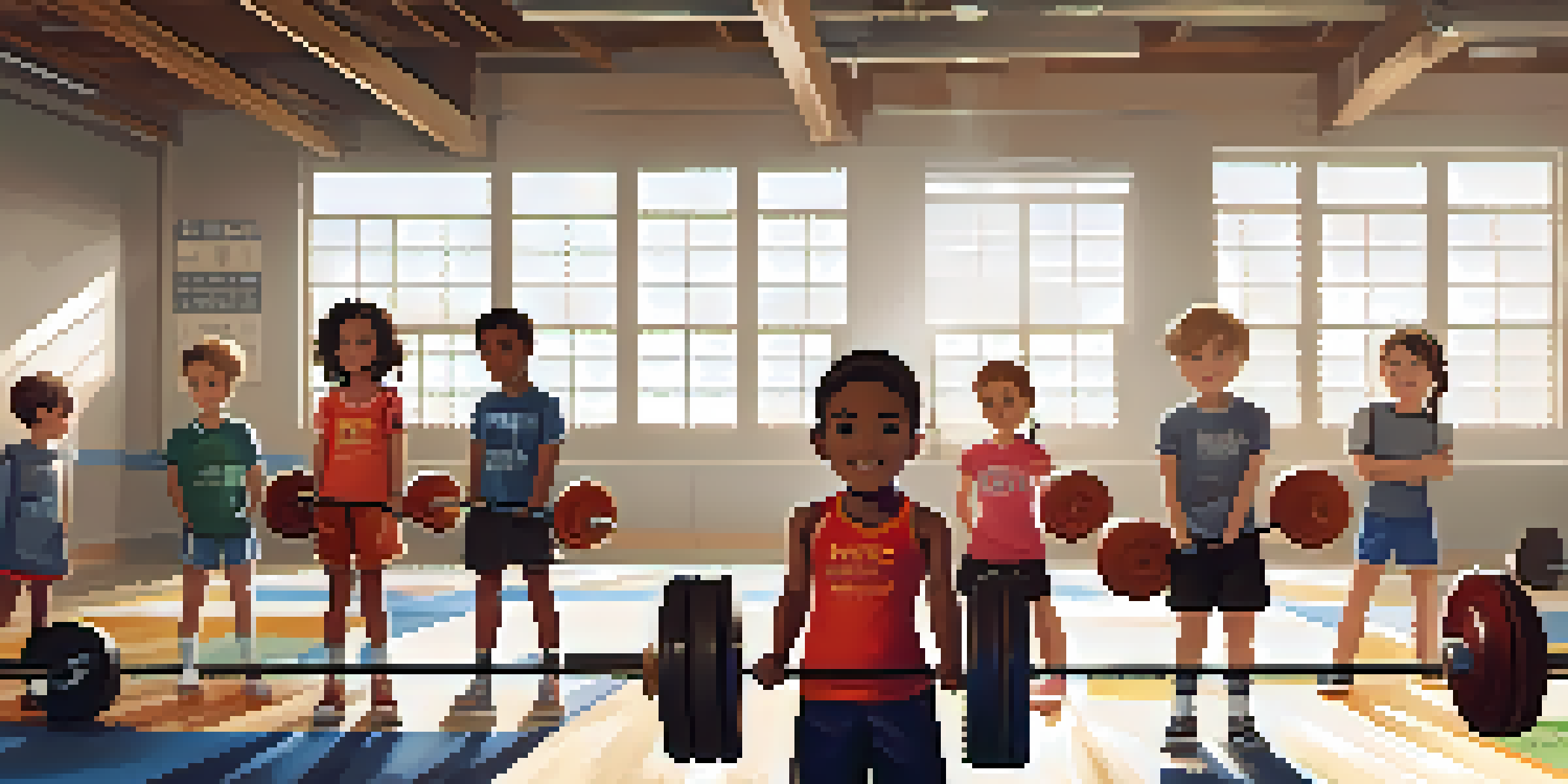 A diverse group of young athletes training in a bright gym, lifting weights with the guidance of a coach.