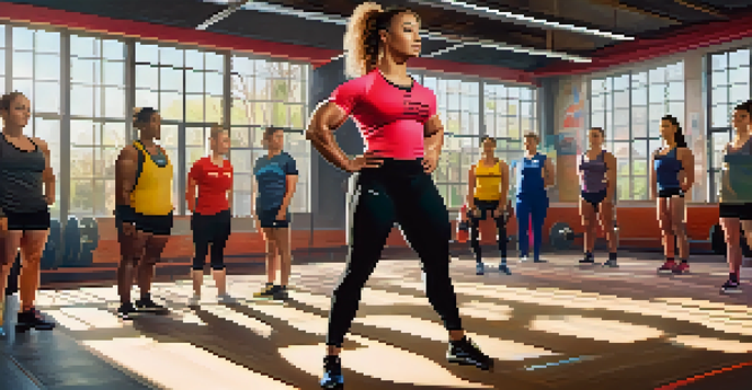 A female coach demonstrating lifting techniques to a group of diverse female athletes in a brightly lit gym.