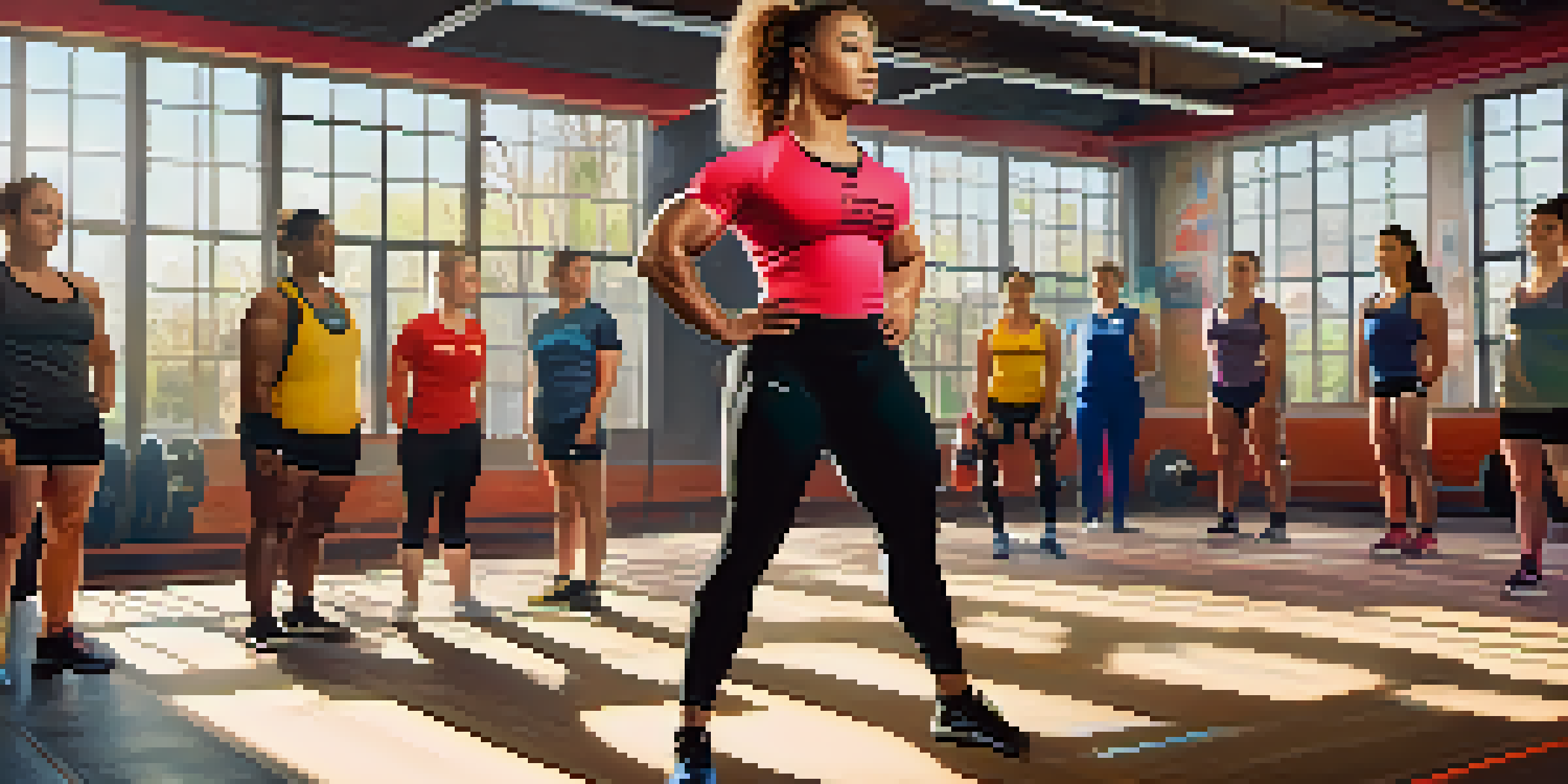 A female coach demonstrating lifting techniques to a group of diverse female athletes in a brightly lit gym.