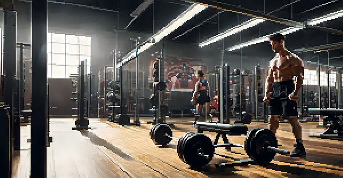 A powerlifting gym filled with weightlifting equipment, with a lifter doing a tricep extension, sunlight streaming through windows.