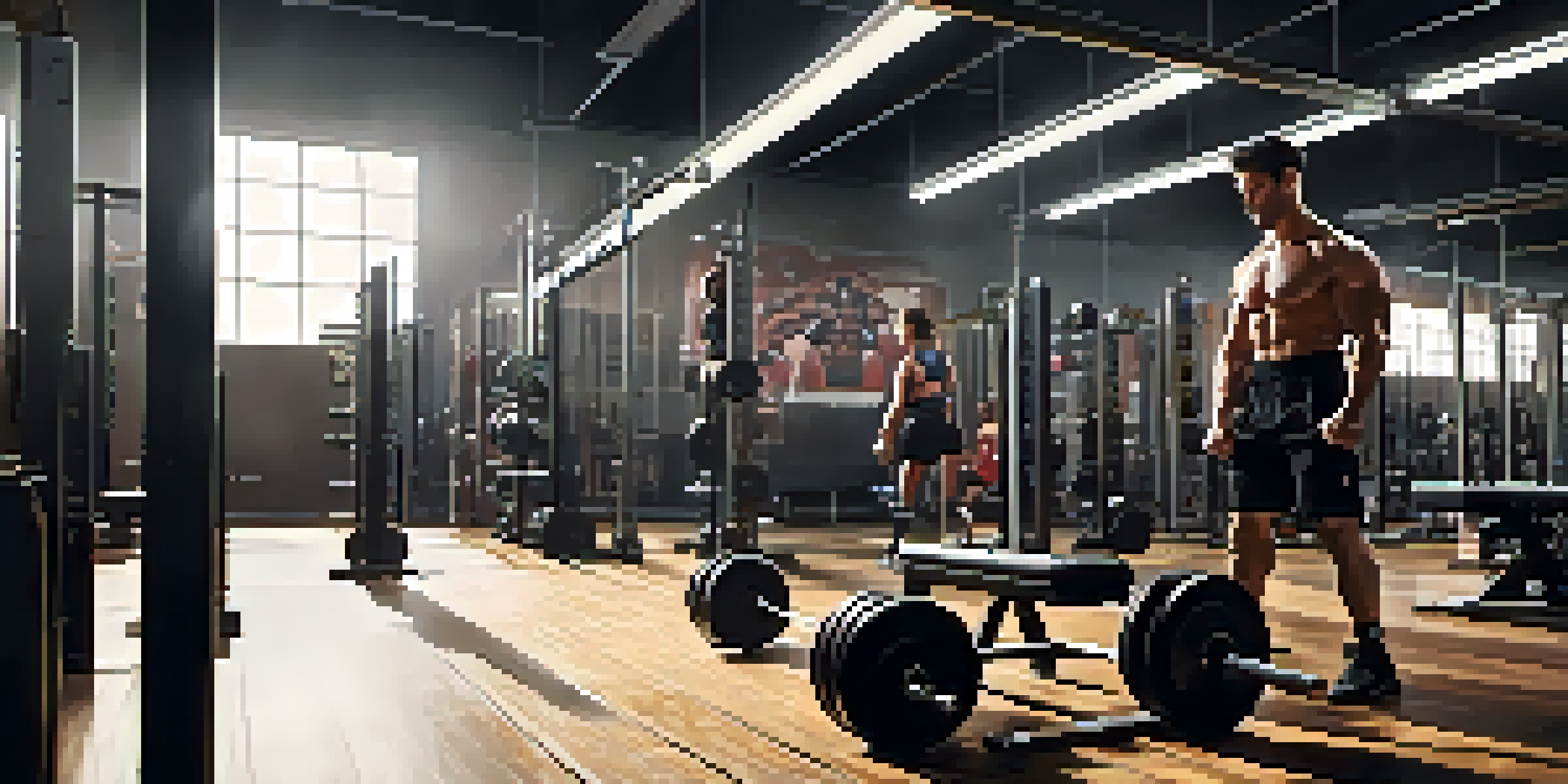 A powerlifting gym filled with weightlifting equipment, with a lifter doing a tricep extension, sunlight streaming through windows.