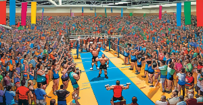 A lively gym scene during a powerlifting charity event with diverse athletes and cheering spectators.