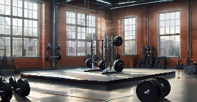 A powerlifting gym scene with a barbell and weight plates on a lifting platform, illuminated by bright lights.