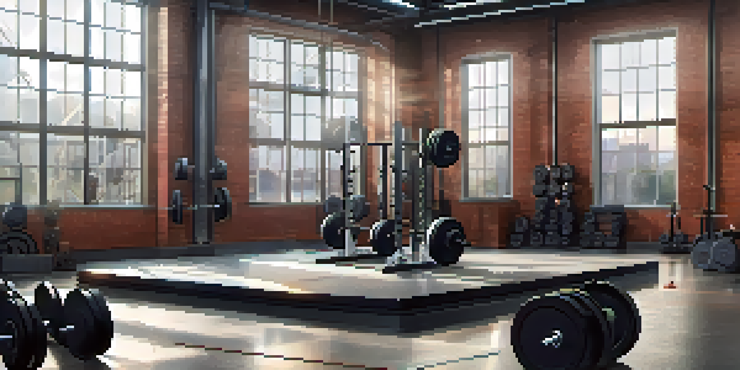 A powerlifting gym scene with a barbell and weight plates on a lifting platform, illuminated by bright lights.