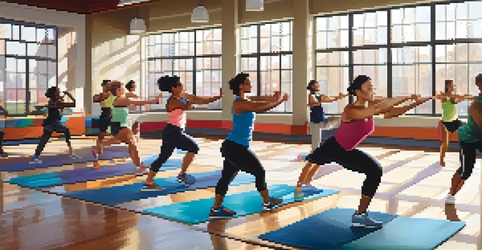 A diverse group of people warming up in a gym, performing dynamic stretches like arm circles and leg swings.