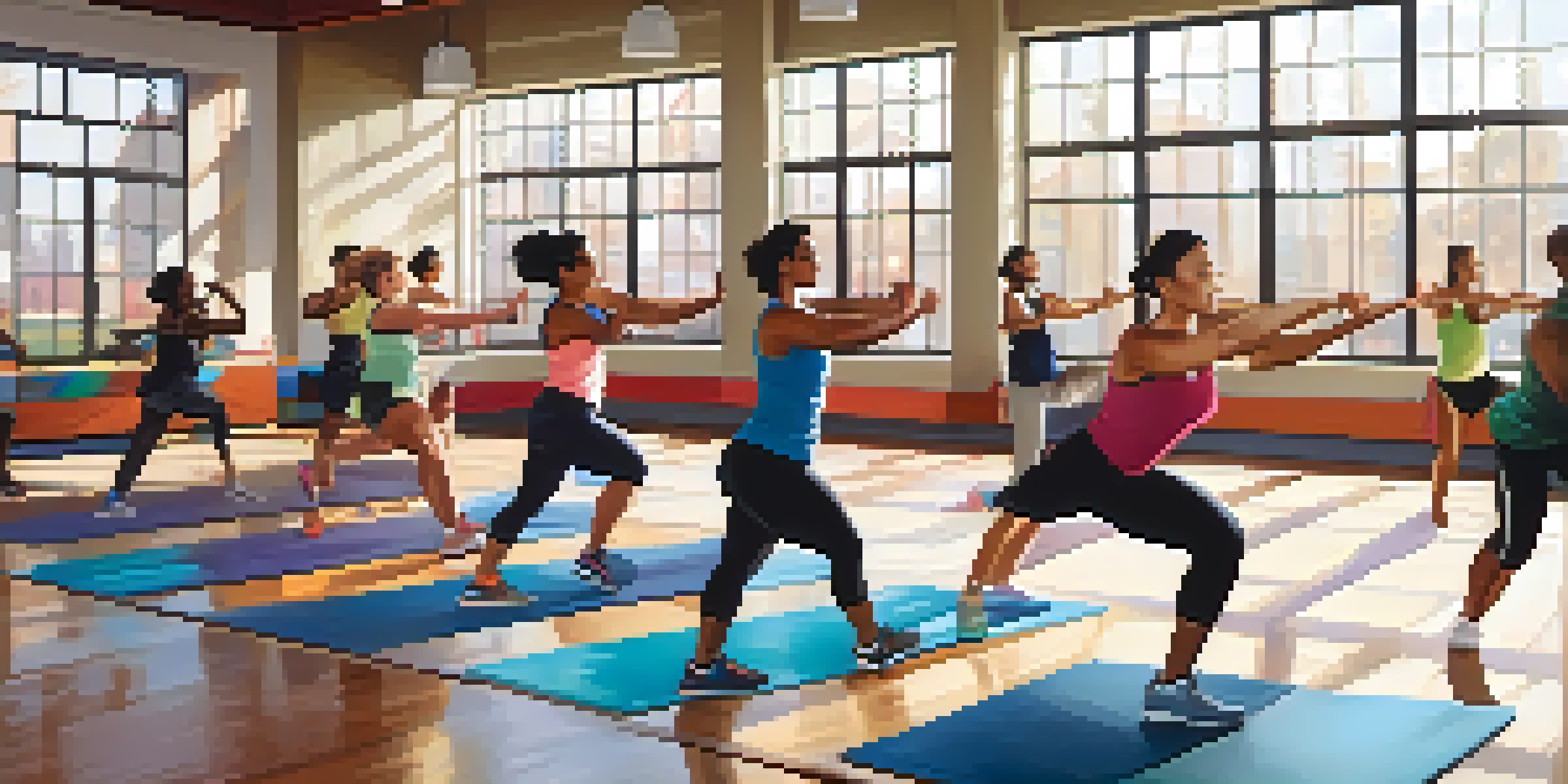 A diverse group of people warming up in a gym, performing dynamic stretches like arm circles and leg swings.