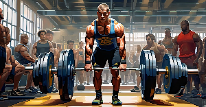 A powerlifter is lifting a heavy barbell in a gym, showcasing strength and determination.