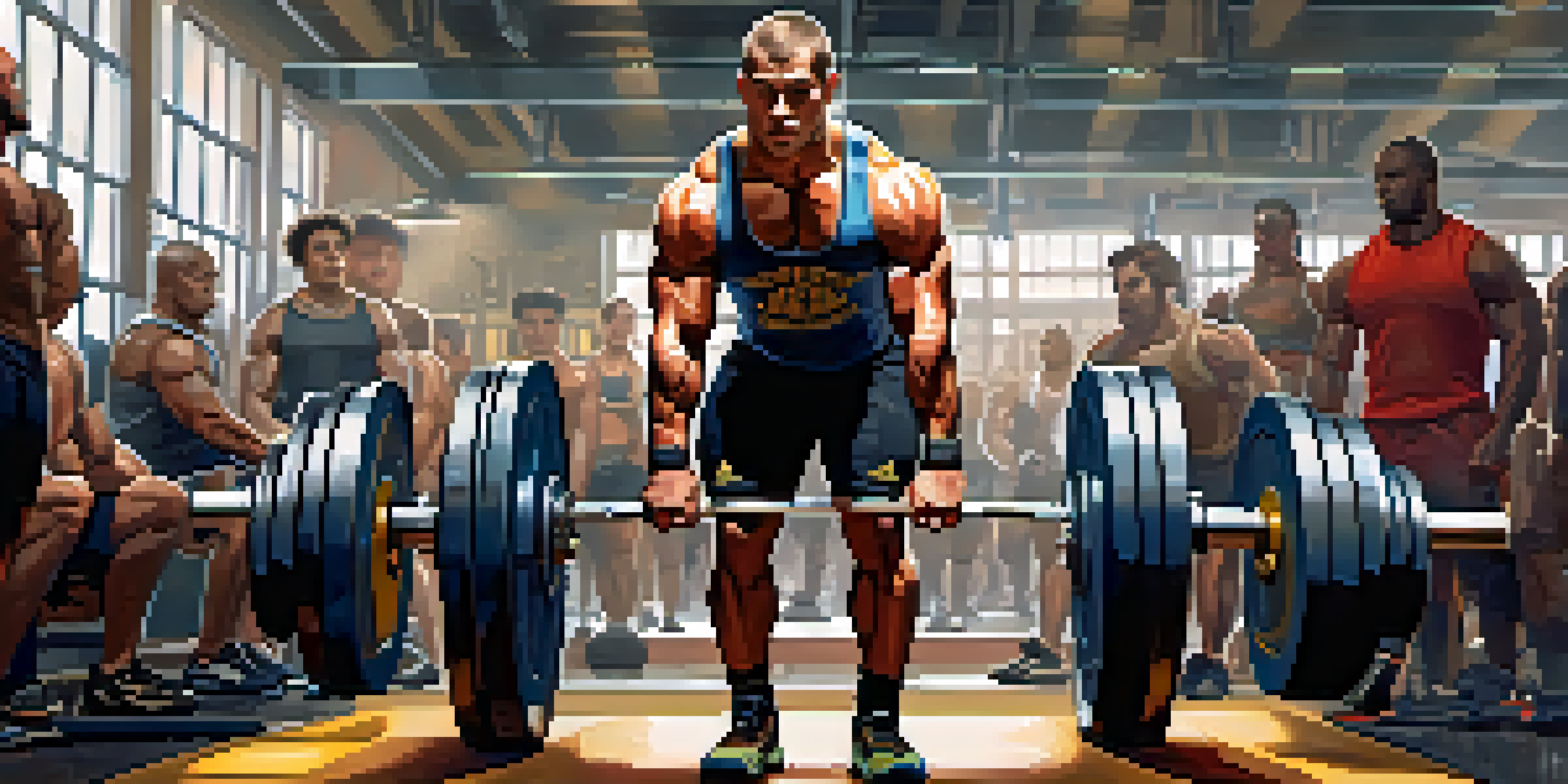 A powerlifter is lifting a heavy barbell in a gym, showcasing strength and determination.