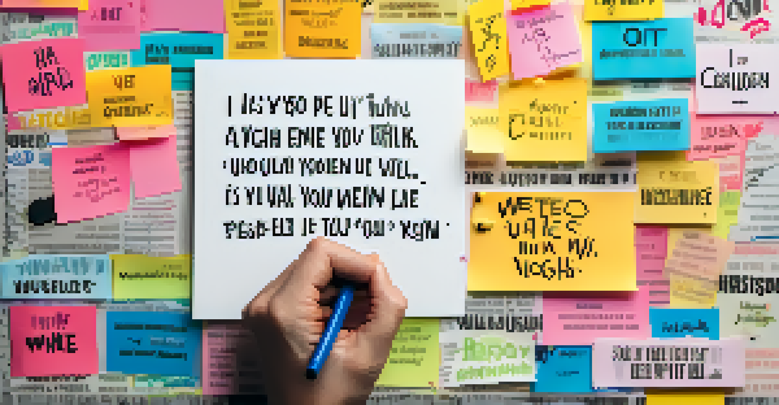 A hand adding a colorful sticky note with a motivational quote to a vision board, surrounded by weightlifting images.