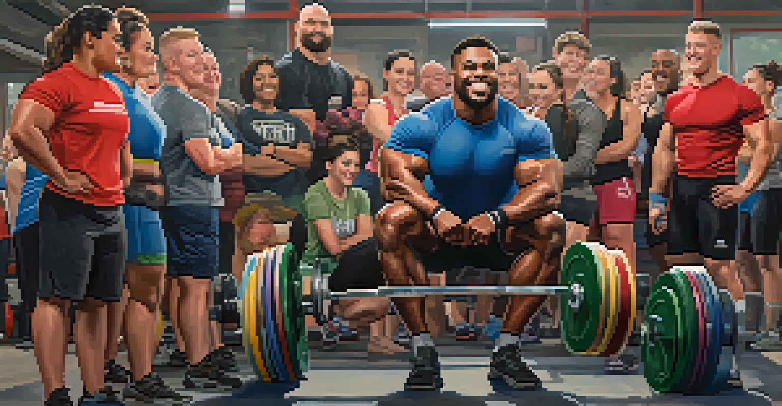 A group of diverse powerlifting athletes engaging and supporting each other in a gym setting, showcasing camaraderie and encouragement.