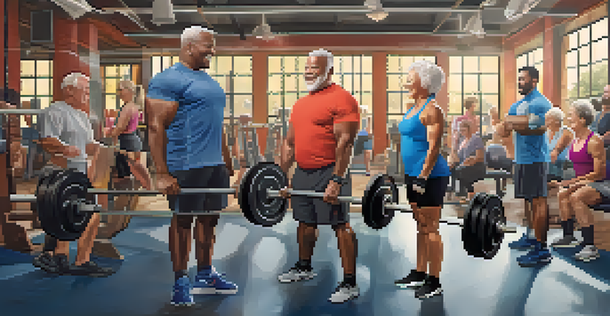 A group of seniors lifting weights together in a bright gym, showing joy and friendship.