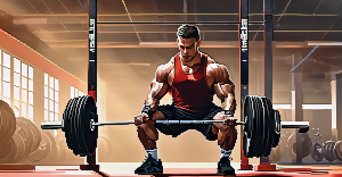 A powerlifter squatting with a barbell and resistance bands, demonstrating strength and focus in a well-equipped gym.