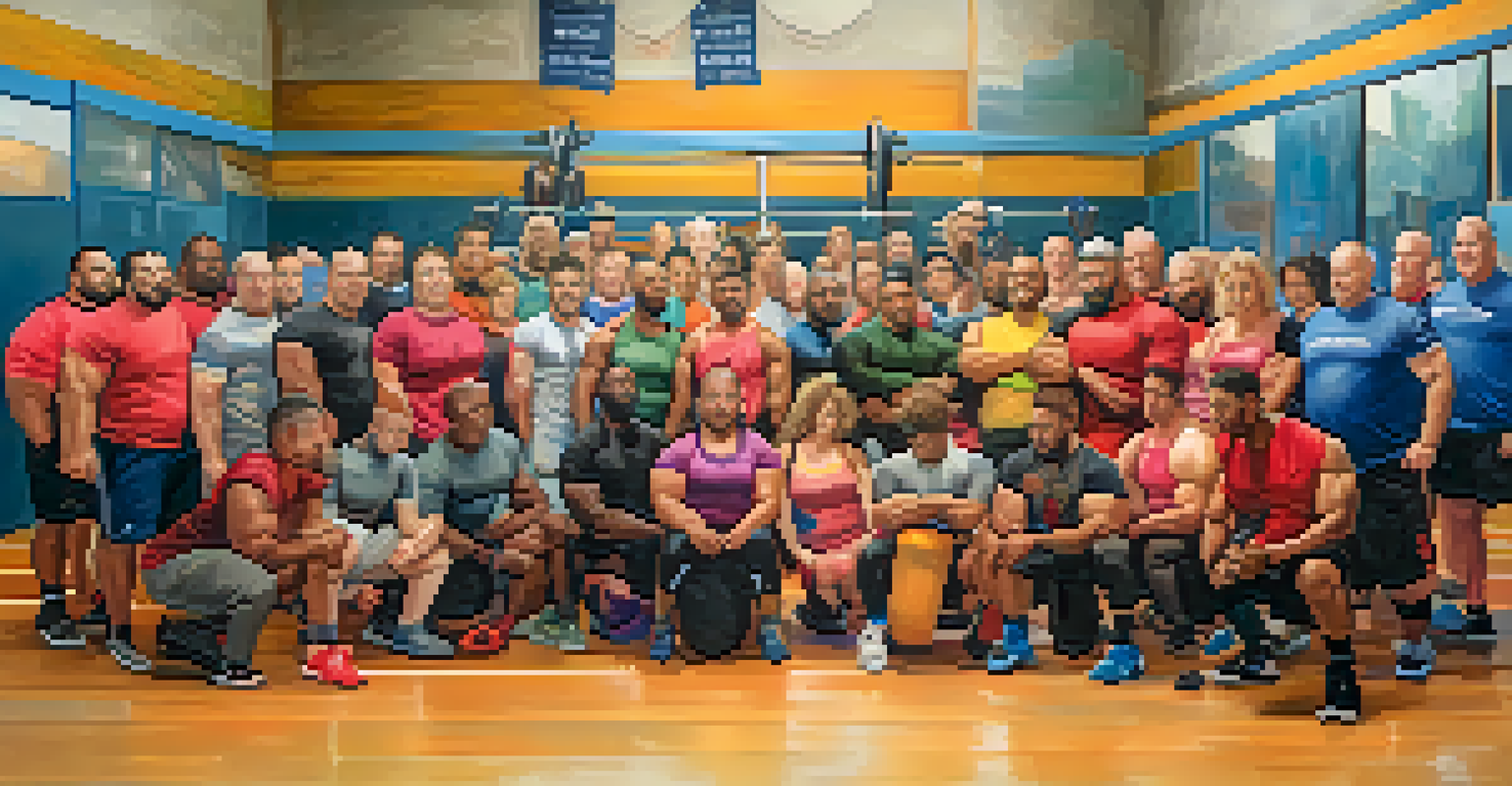 A diverse group of powerlifters in a gym, sharing stories and encouragement, showcasing community support.