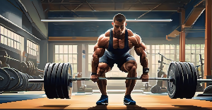 A powerlifter executing a deadlift with correct form in a brightly lit gym, highlighting their strong posture and focus.