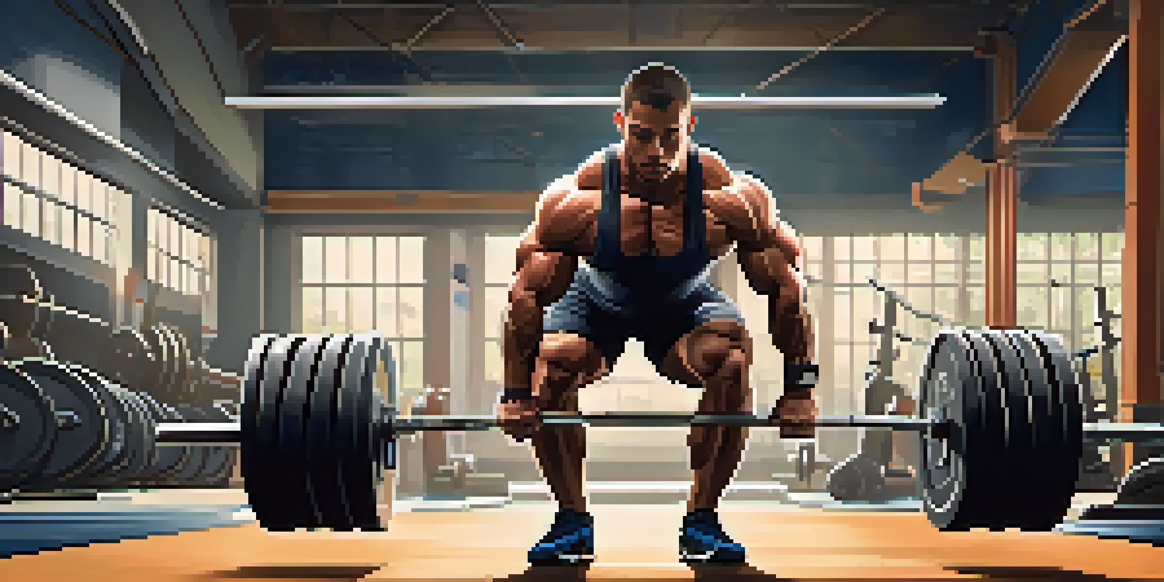 A powerlifter executing a deadlift with correct form in a brightly lit gym, highlighting their strong posture and focus.