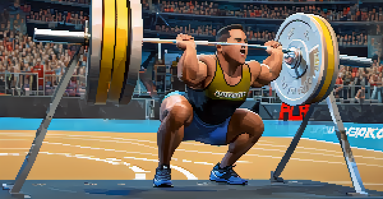 A powerlifter competing in a virtual reality setting, lifting a barbell with a cheering crowd and scoreboard in the background.