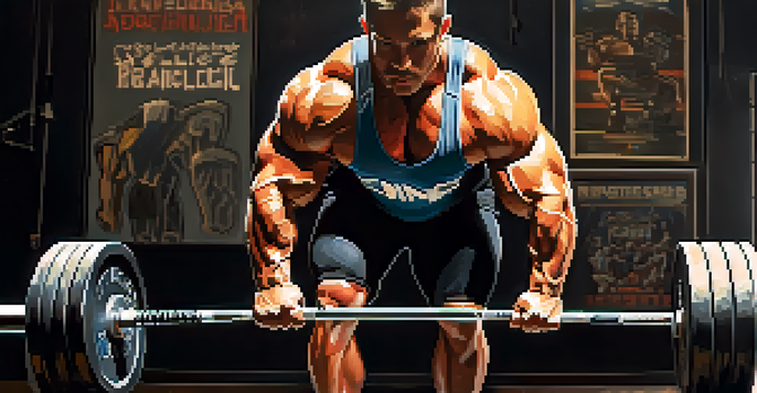 A powerlifter in a gym preparing for a deadlift, gripping the barbell with chalk dust in the air, with weights and motivational posters in the background.
