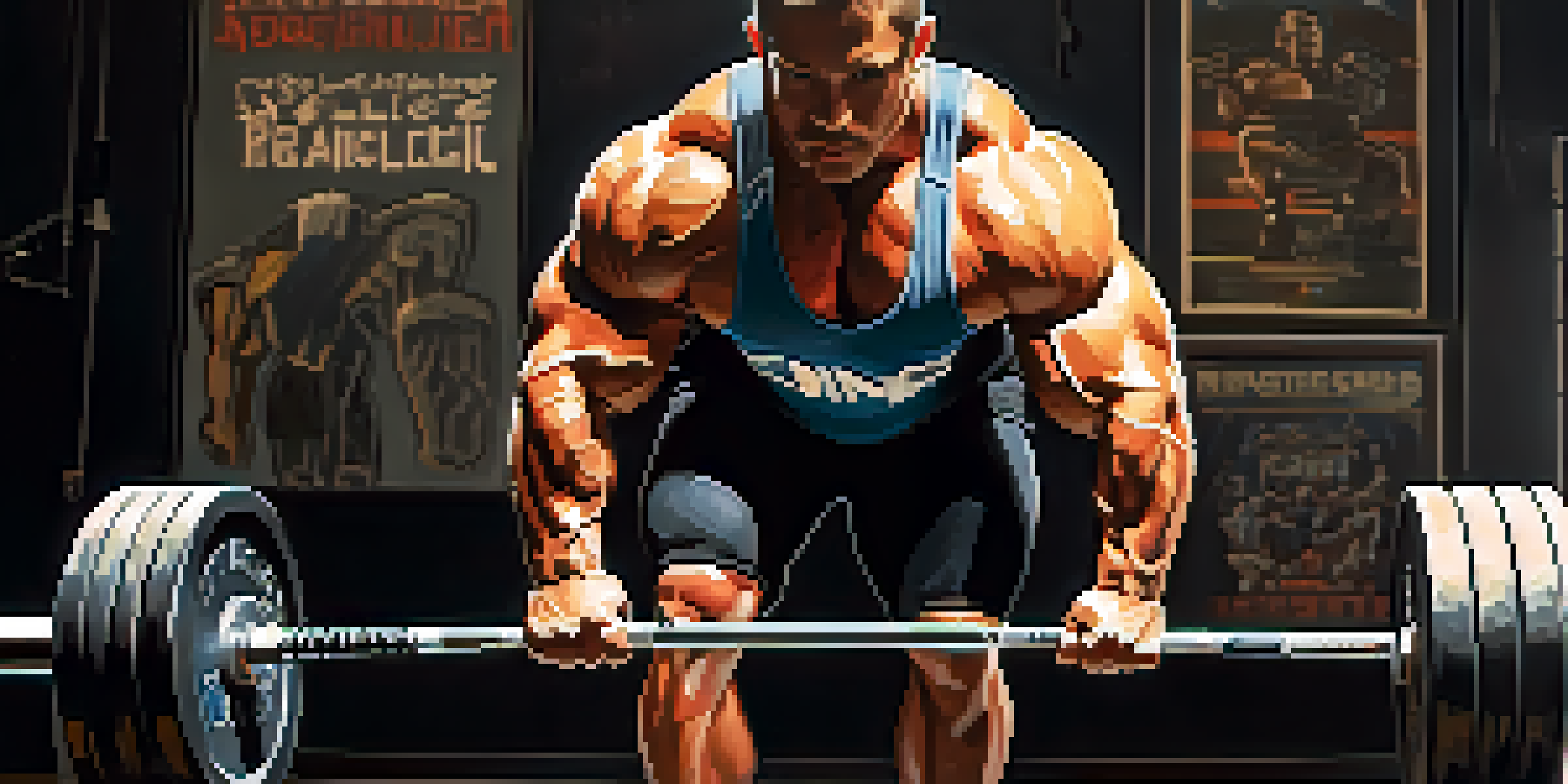A powerlifter in a gym preparing for a deadlift, gripping the barbell with chalk dust in the air, with weights and motivational posters in the background.