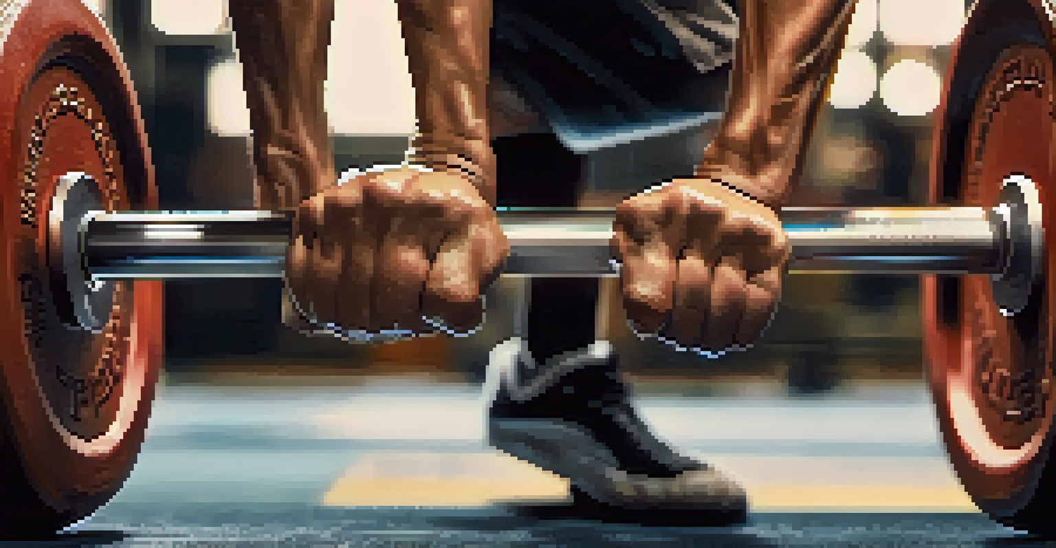 A close-up of a powerlifter's hands gripping a barbell, showcasing sweat and the texture of the weights in a softly lit gym environment.