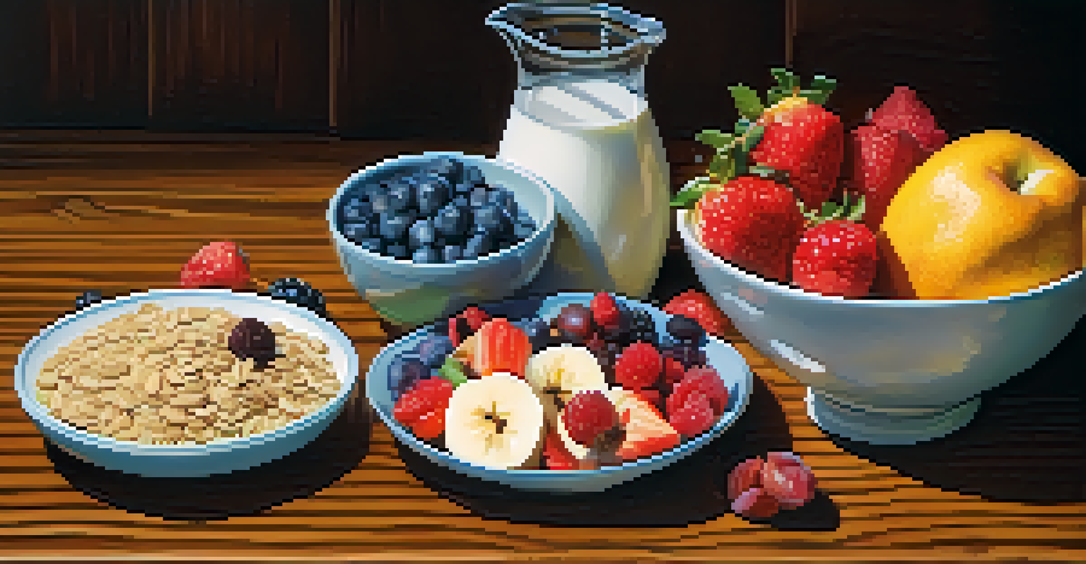 A colorful display of healthy foods for mental clarity, including oatmeal, fruits, and nuts on a wooden table.