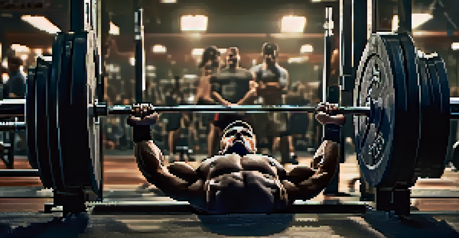 A close-up view of a bench press with a loaded barbell and chalk dust, set in a gym environment.