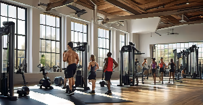 A diverse group of people working out in a bright gym, focused on strength training with weights and equipment around them.