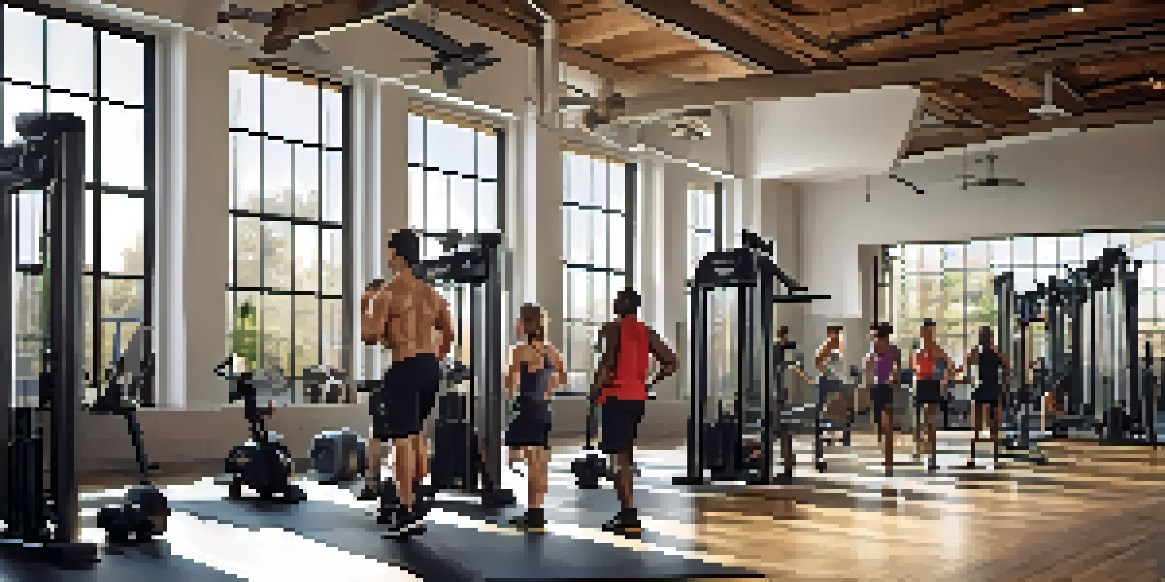 A diverse group of people working out in a bright gym, focused on strength training with weights and equipment around them.