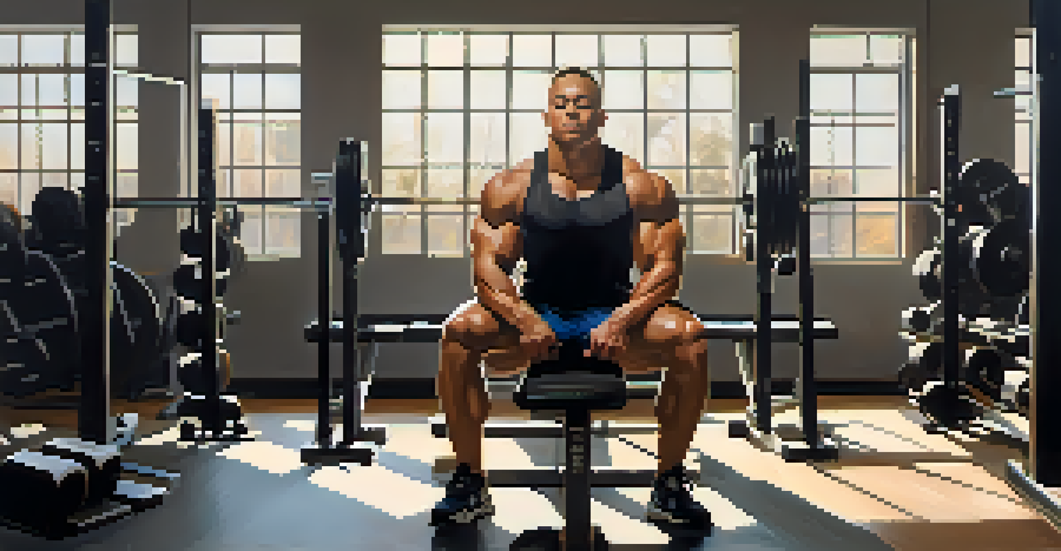 A powerlifter practicing breathing techniques before lifting weights in a calm gym setting.