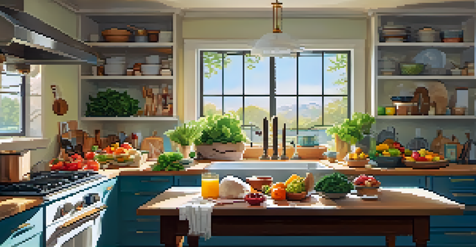 A kitchen countertop filled with healthy meal prep ingredients including chicken, greens, grains, and fruits, illuminated by sunlight.