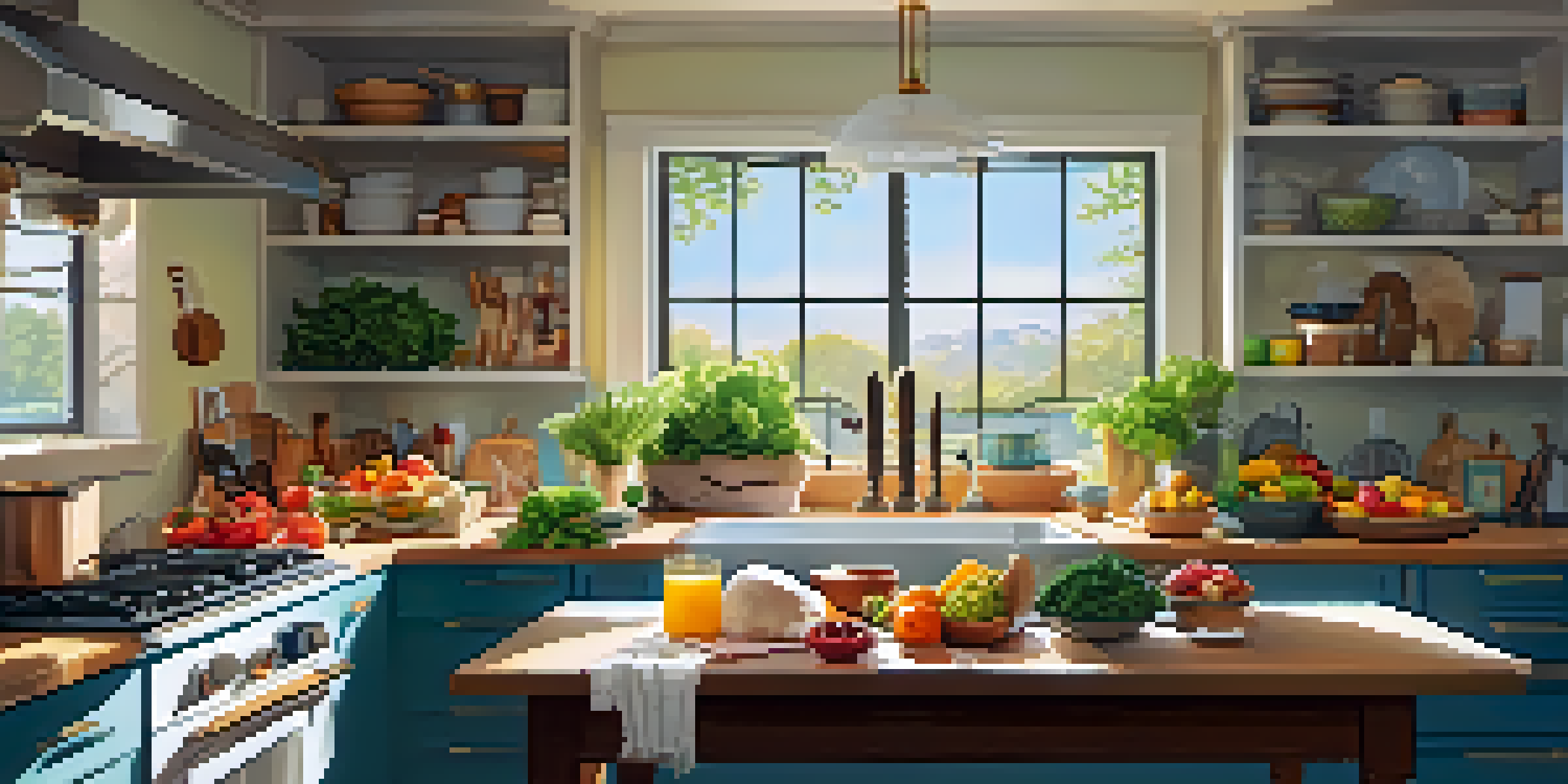 A kitchen countertop filled with healthy meal prep ingredients including chicken, greens, grains, and fruits, illuminated by sunlight.