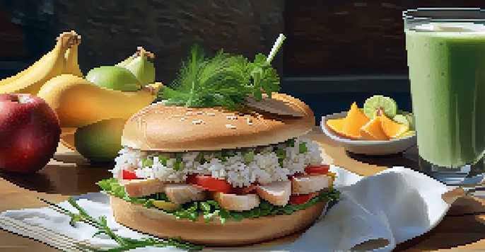 A post-workout meal displaying a protein shake, sandwich, and rice with chicken on a table.