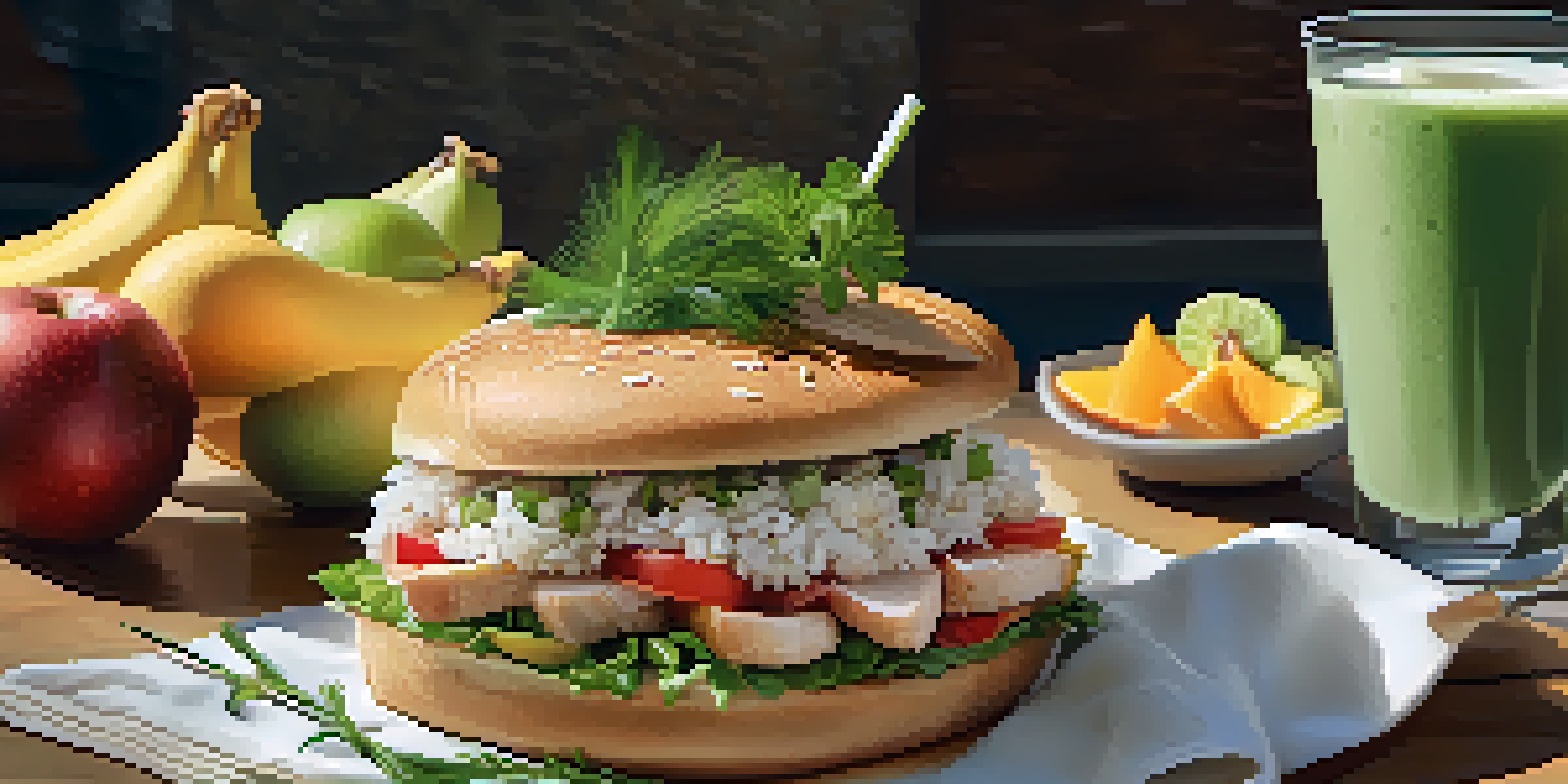 A post-workout meal displaying a protein shake, sandwich, and rice with chicken on a table.