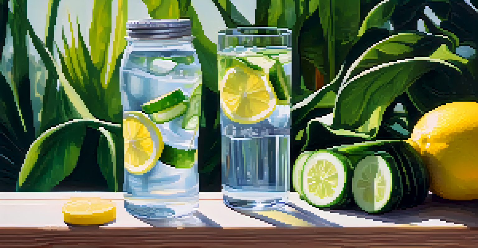 A glass of water with lemon and cucumber slices on a table, accompanied by a fitness water bottle and green plants in the background.