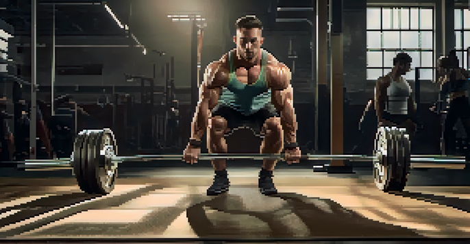 A muscular powerlifter performing a deadlift in a well-lit gym, showcasing strength and focus.