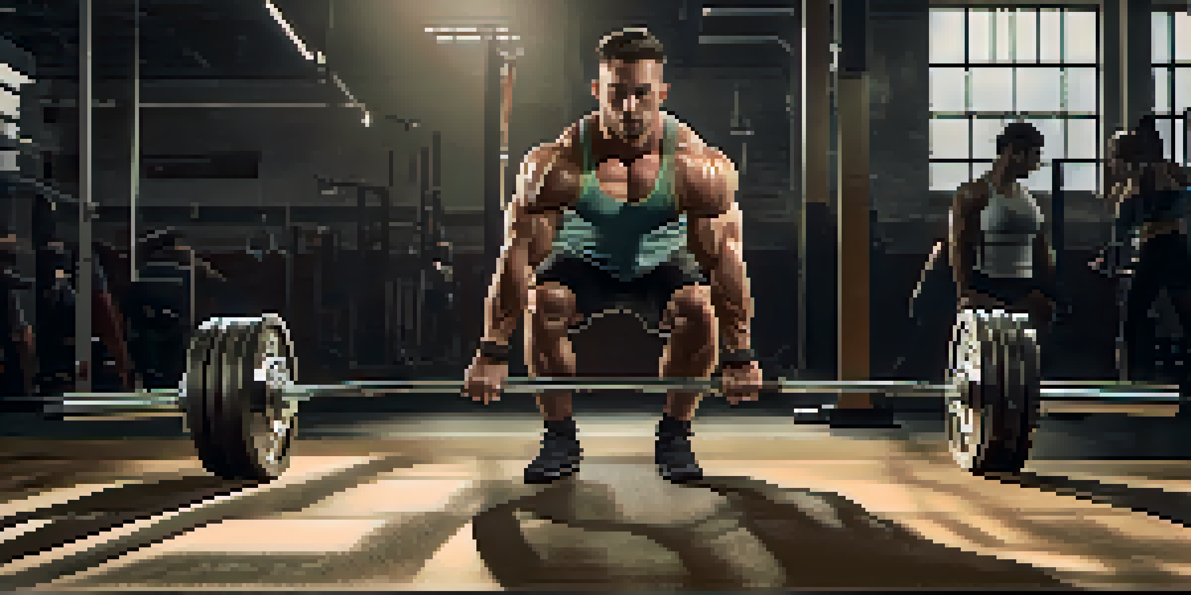 A muscular powerlifter performing a deadlift in a well-lit gym, showcasing strength and focus.