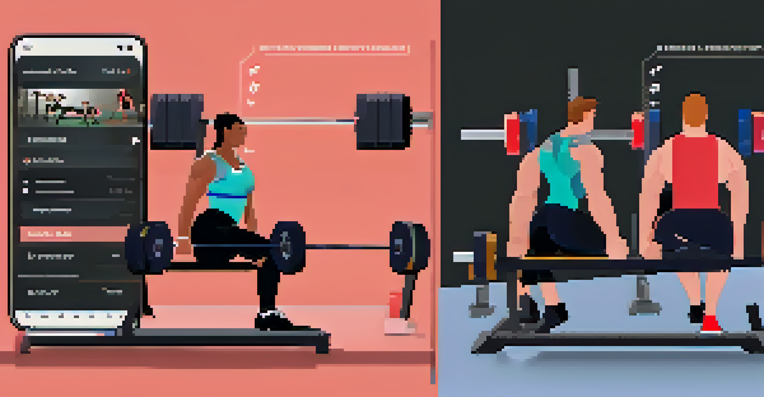 A split-screen image contrasting a human coach guiding a powerlifter with an AI coaching interface displaying training analytics.