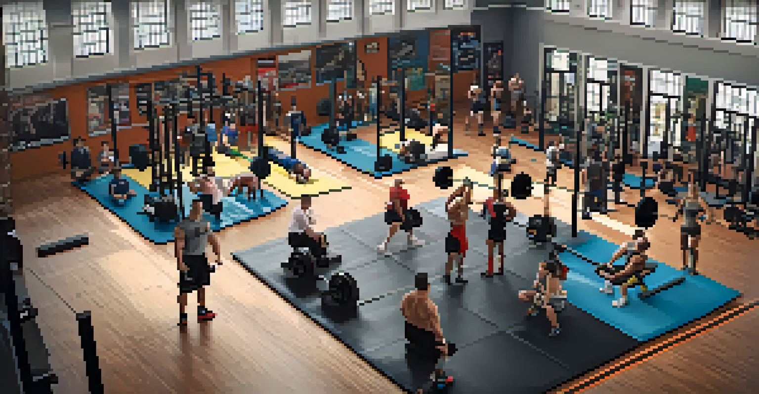 Overhead view of a powerlifting gym with athletes of diverse body types preparing for their lifts, highlighting the energetic environment.